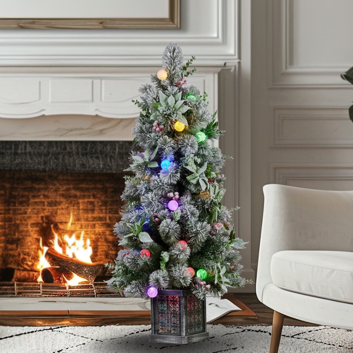 Christabelle Snowy Crown Pine Potted Christmas Tree 1.2m Multicolour Pre - Lit with Snowball Lights