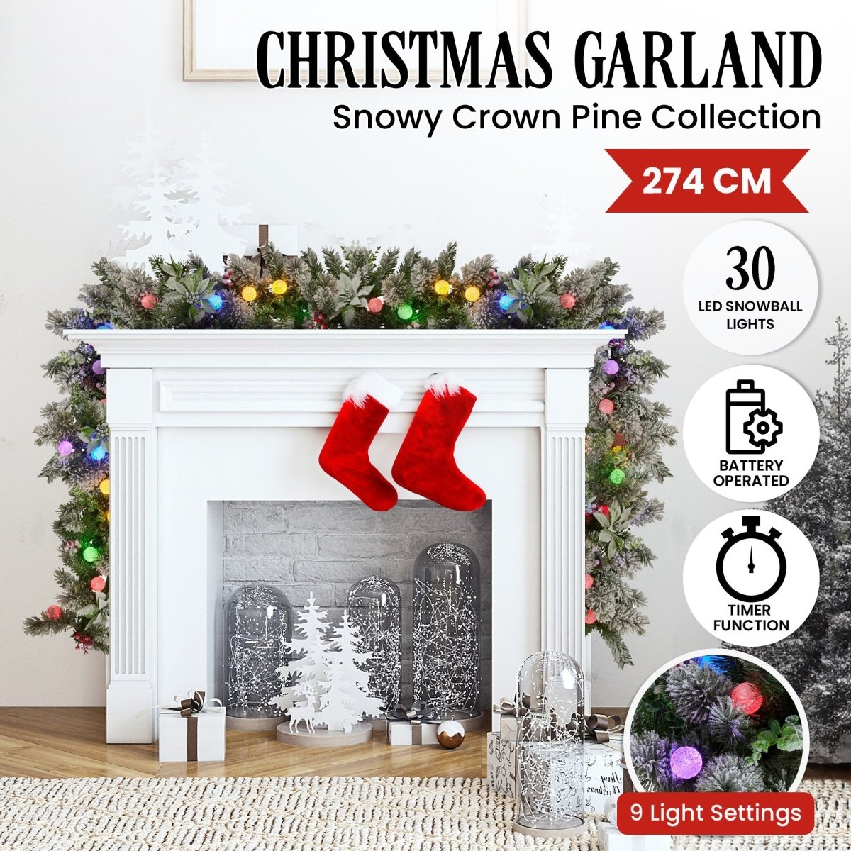 Swishmas 274cm Snowy Crown Pine Pre - Lit Multicolour Christmas Garland
