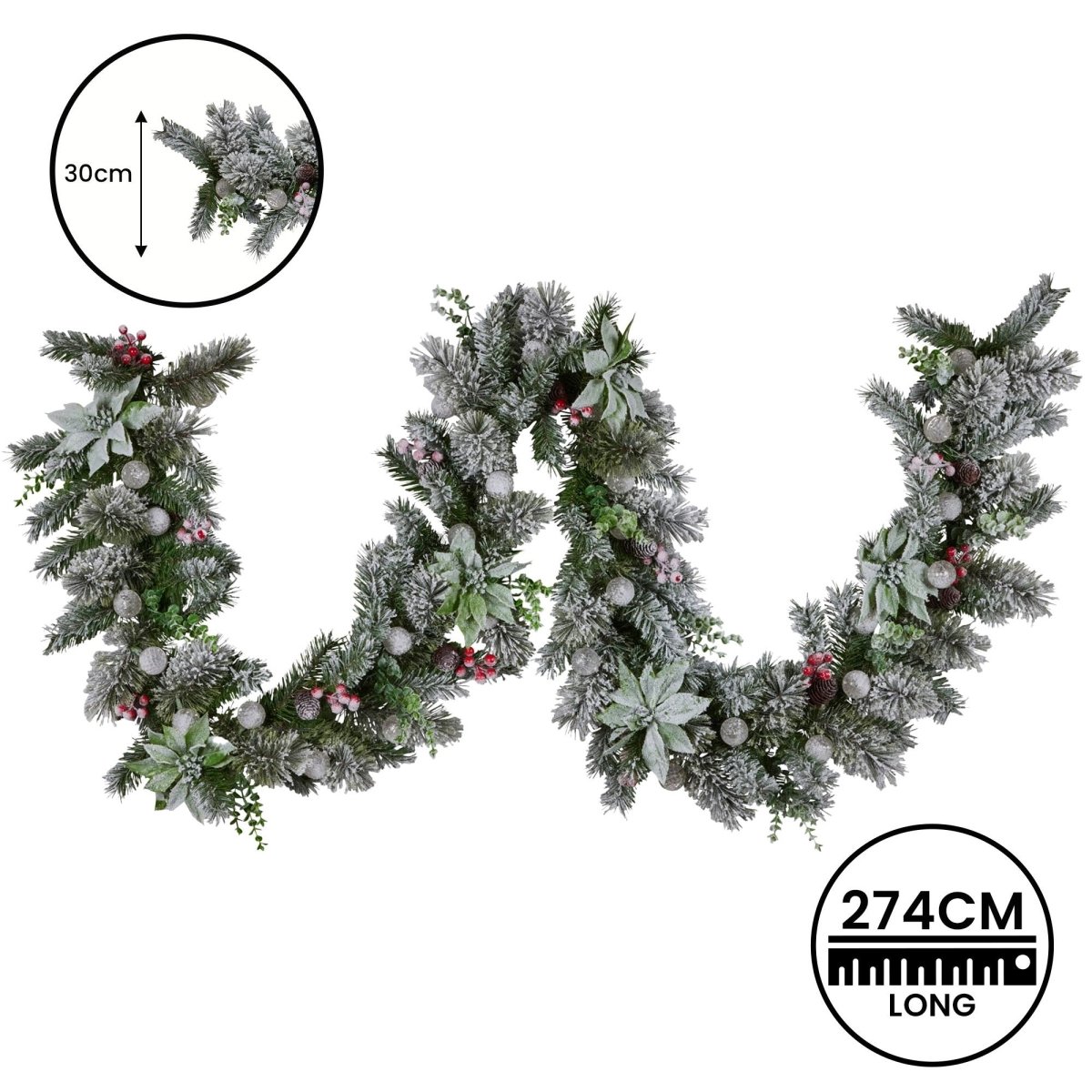 Swishmas 274cm Snowy Crown Pine Pre - Lit Multicolour Christmas Garland
