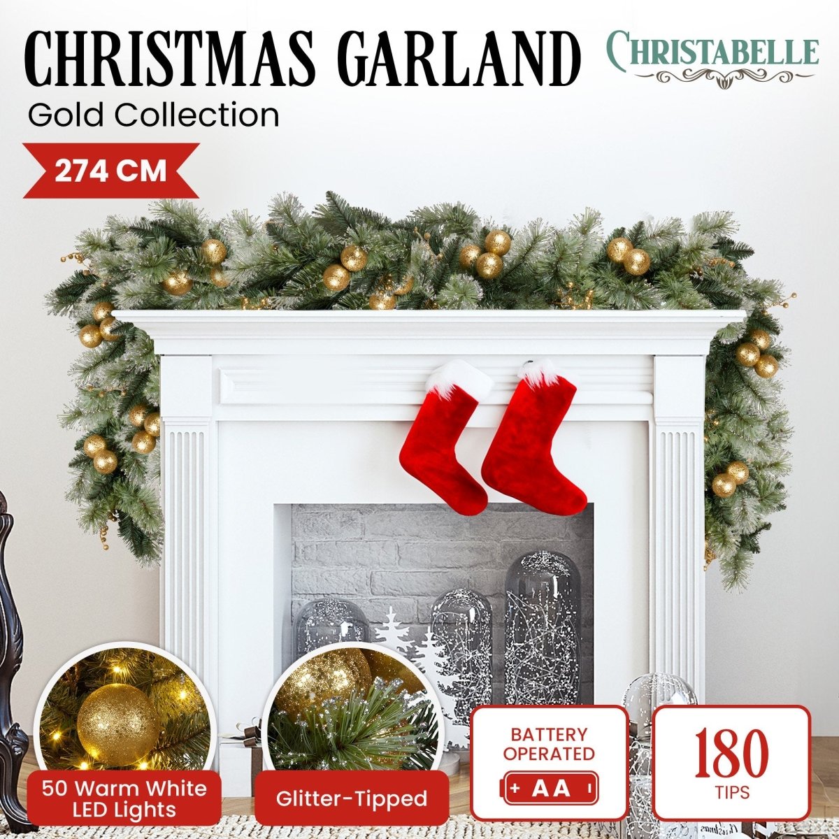 Christabelle 274cm Pre - lit Christmas Garland Gold Baubles Aa Battery Led Lights