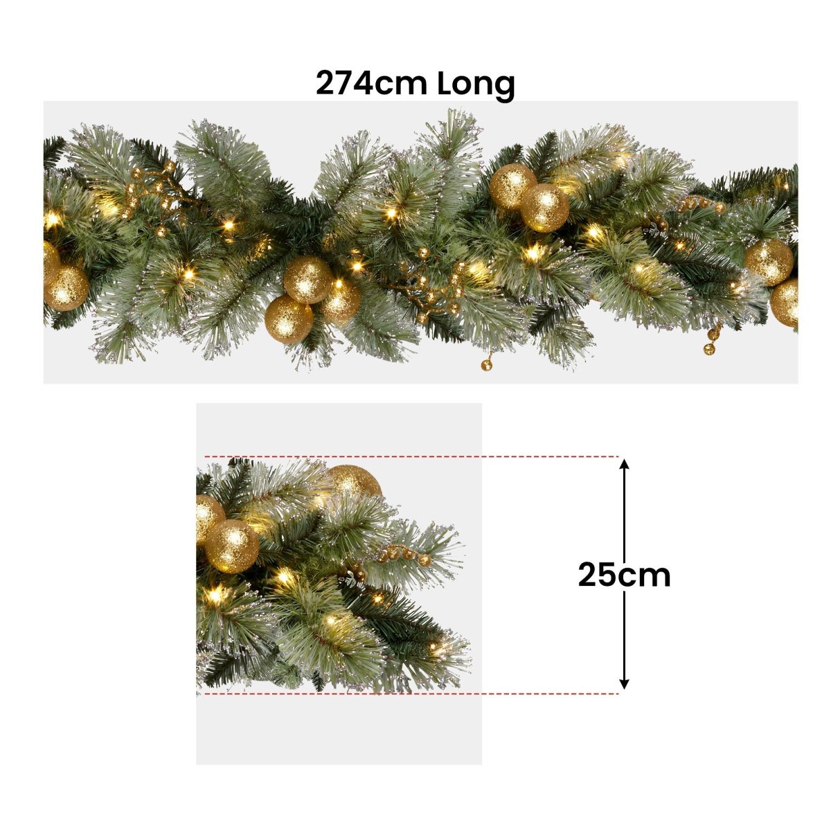Christabelle 274cm Pre - lit Christmas Garland Gold Baubles Aa Battery Led Lights