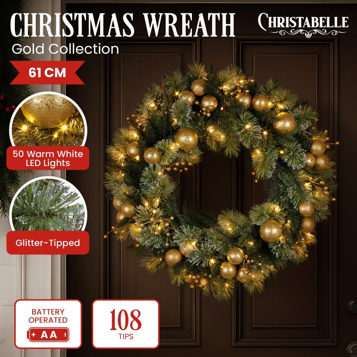 Christabelle 61cm Christmas Wreath Battery - operated Warm White Light Gold Bauble