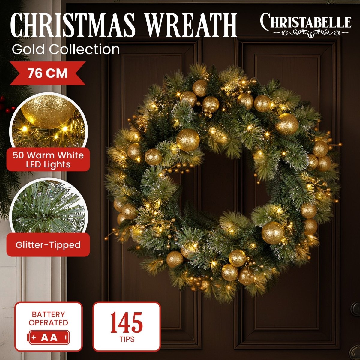 Christabelle 76cm Christmas Wreath Battery - operated Warm White Lights Xmas Decor