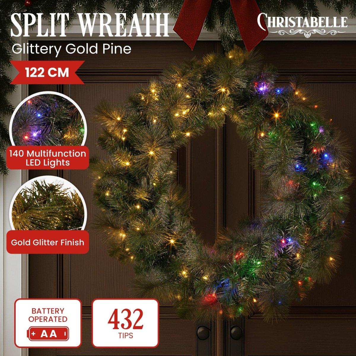 Christabelle 122cm Battery - operated Split Christmas Wreath Glittery Gold Pine