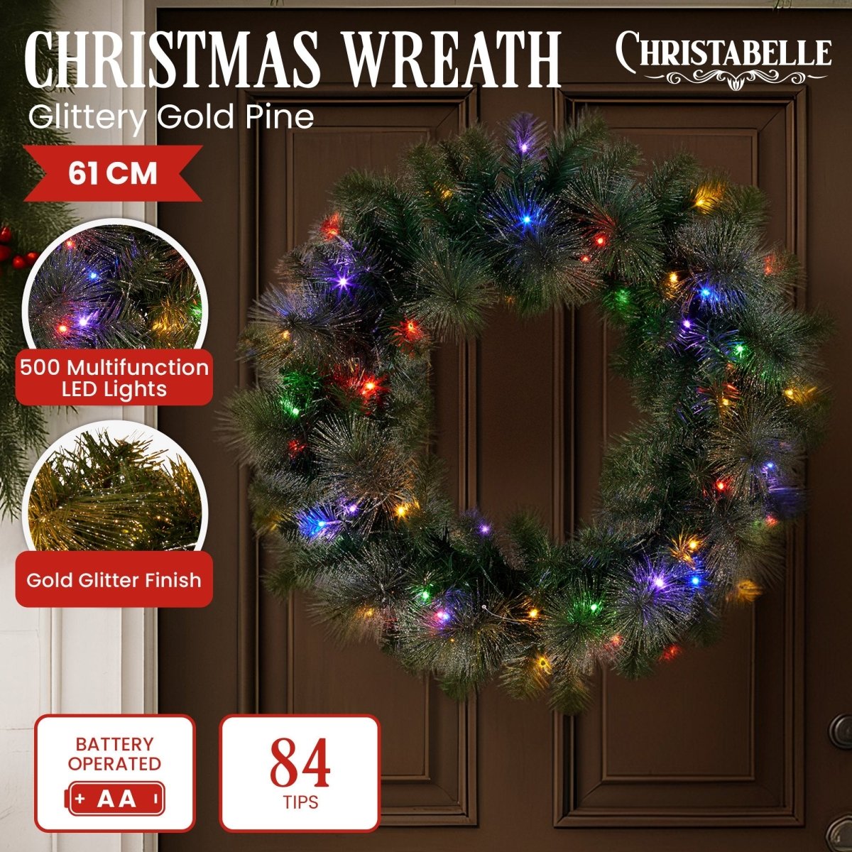 Christabelle 61cm Christmas Wreath with LED Lights Glittery Gold Pine re - Lit Front Door Decoration Ornament