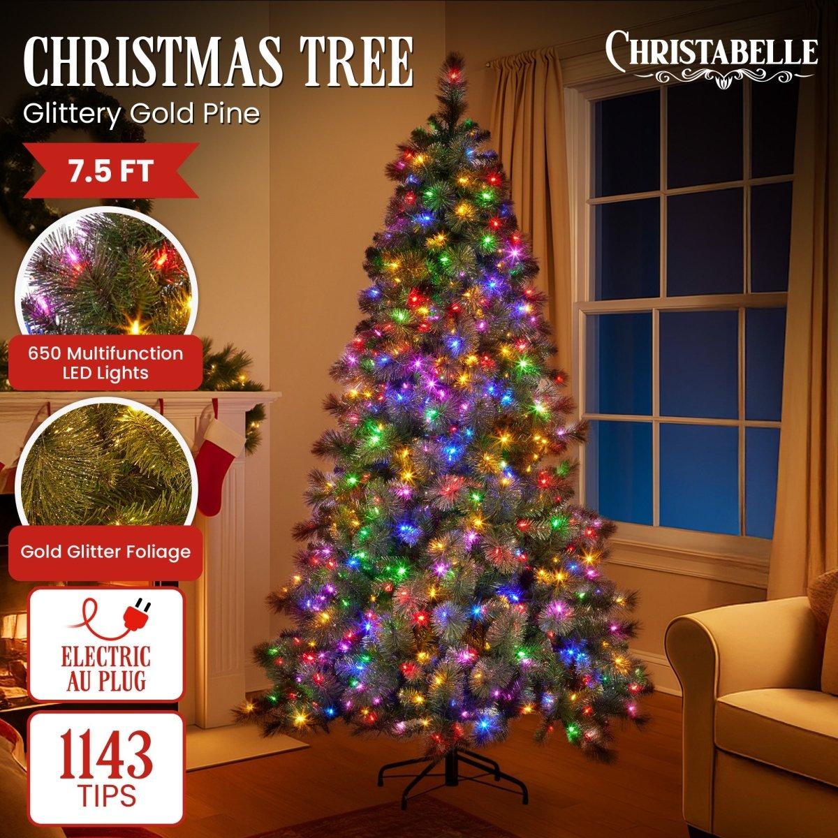 Christabelle 7.5ft Christmas Tree Glittery Gold Pine Led Multi - functional Lights