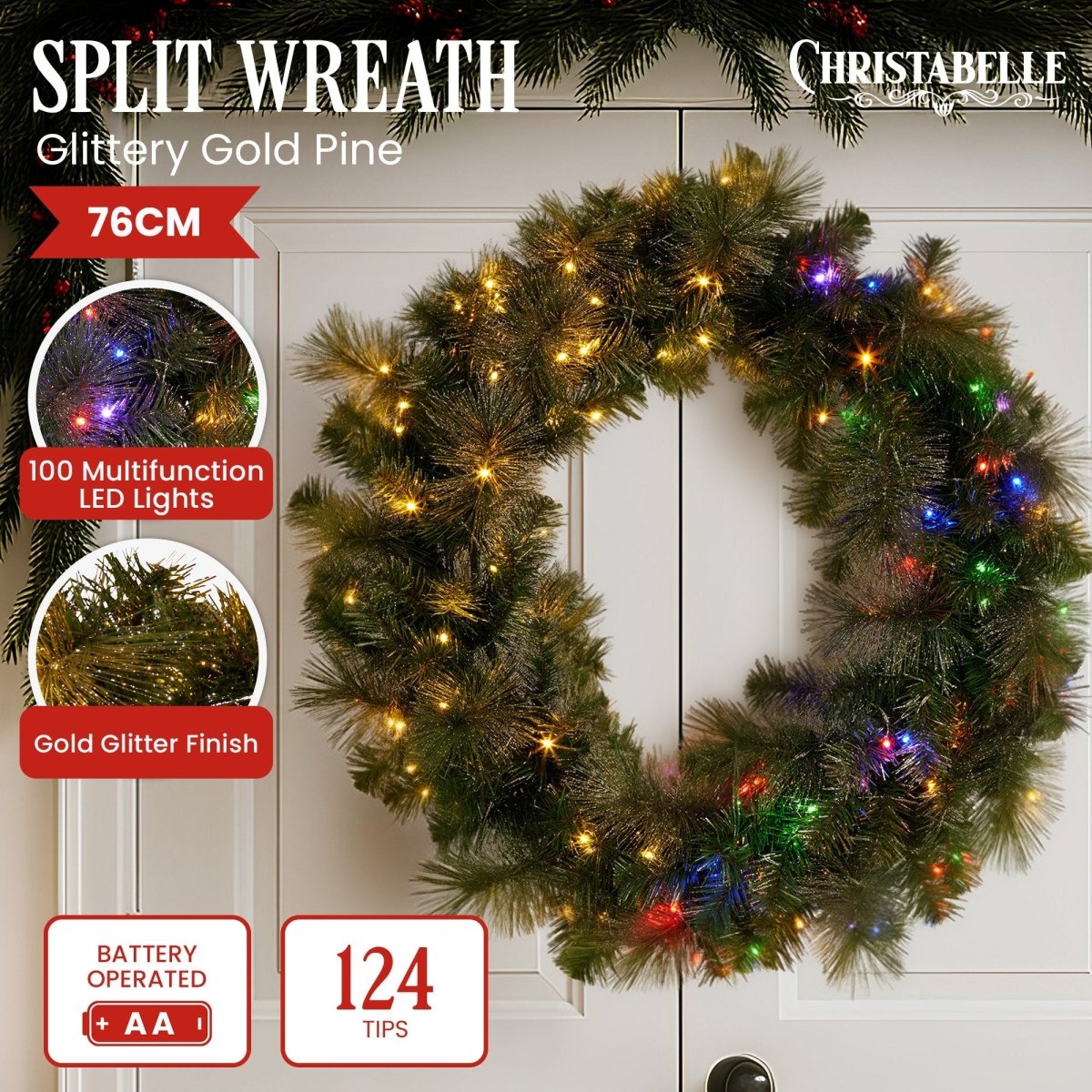 Christabelle 76cm Battery - operated Split Christmas Wreath Glittery Gold Pine