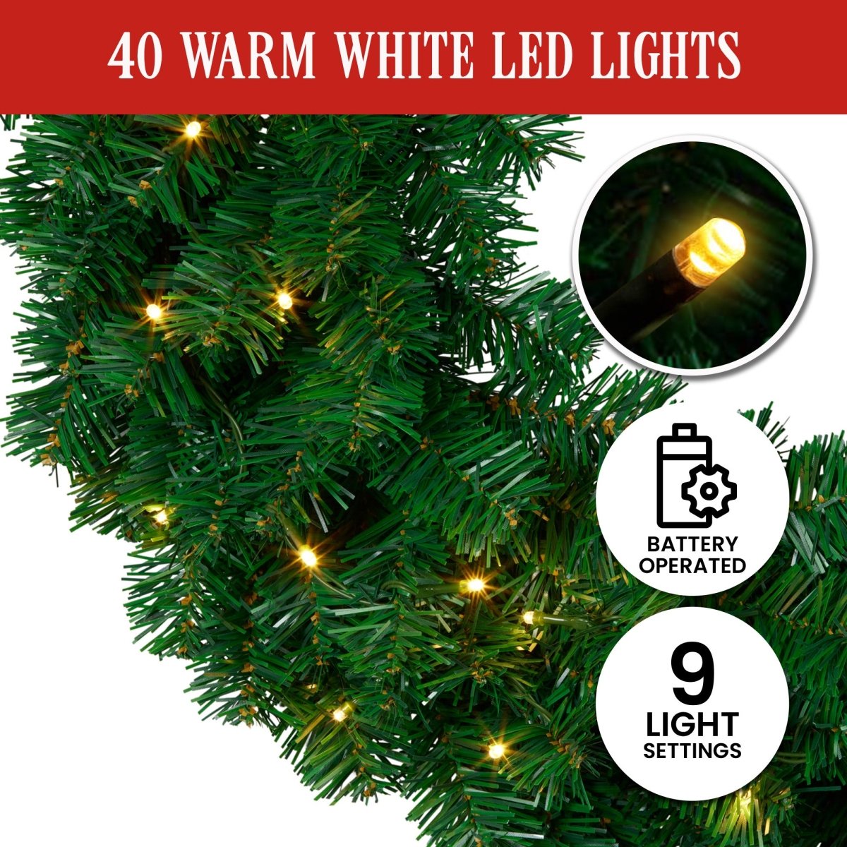 Christabelle 61cm Chadwick Christmas Wreath with LED Lights Front Door Decoration Ornament