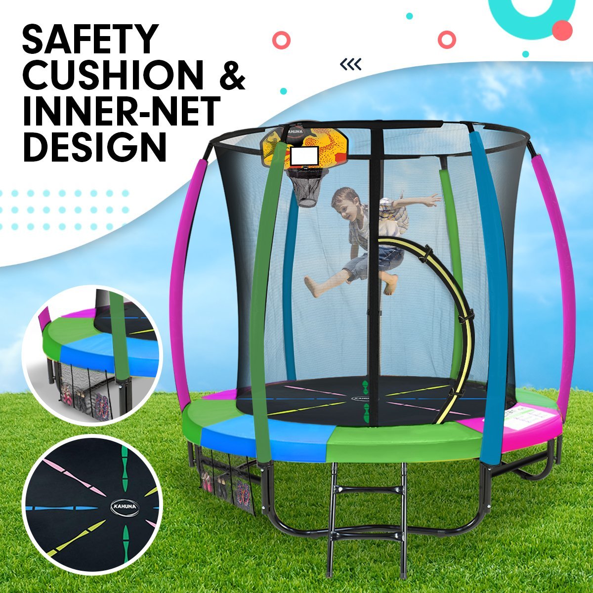 Kahuna Classic 6ft Trampoline Free Ladder Spring Mat Net Safety Pad Cover Round Enclosure Basketball Set - Rainbow - 0706502834944 Toy Chest Australia 5