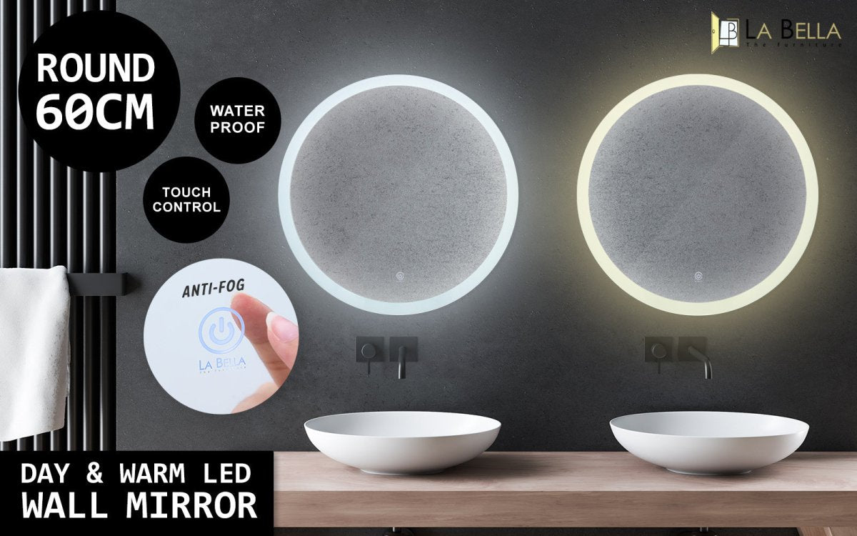 2 Set LED Wall Mirror Round Anti - Fog Bathroom 60cm