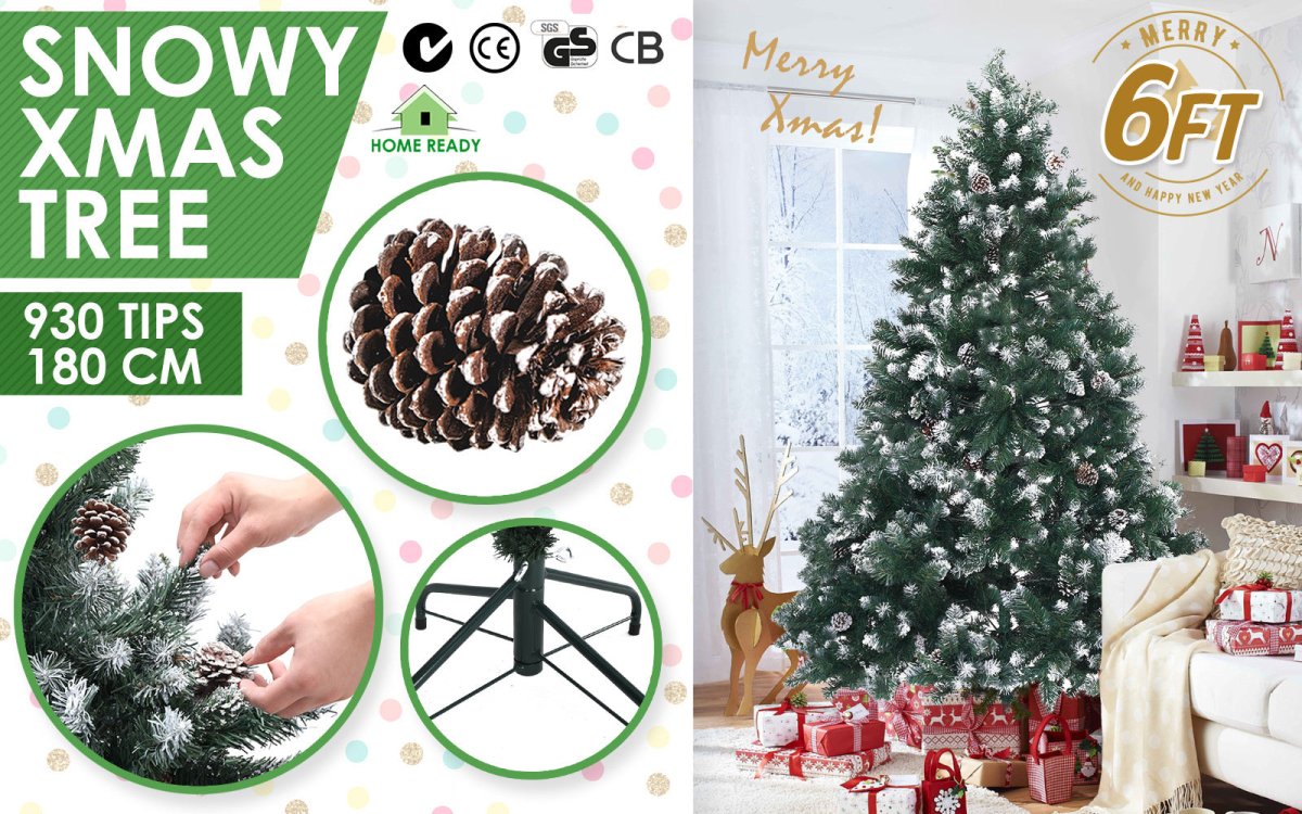 Snowy Christmas Tree Xmas Pine Cones 6Ft 180cm 930 tips GREEN