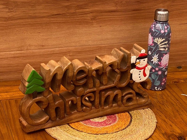 Wooden carved Merry Christmas decoration 38 cm long with Tree and Star - 1326723587 Toy Chest Australia 2