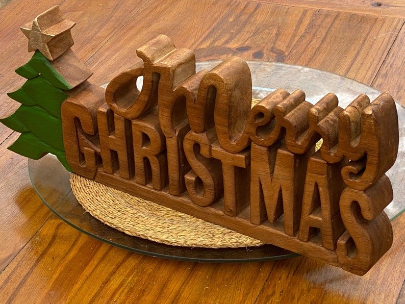 Wooden carved Merry Christmas decoration 38 cm long with Tree and Star - 1326722459 Toy Chest Australia 3