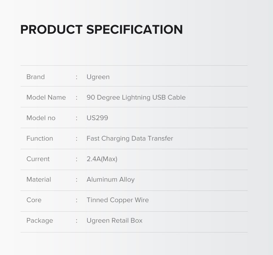 UGREEN 60521 USB - A to 8 - pin 90 Degree Angel Cable 1M