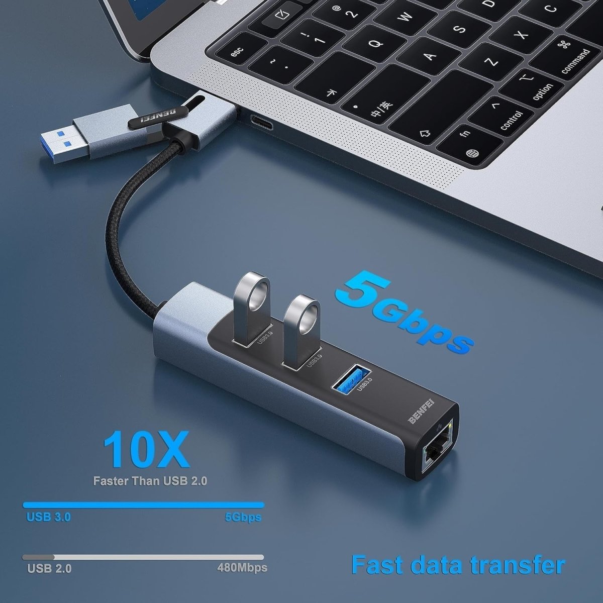 BENFEI 350GY 2 - in - 1 USB - C+USB 3.0 to RJ45 Gigabit Ethernet Port + 3 - Port USB 3.0 HUB