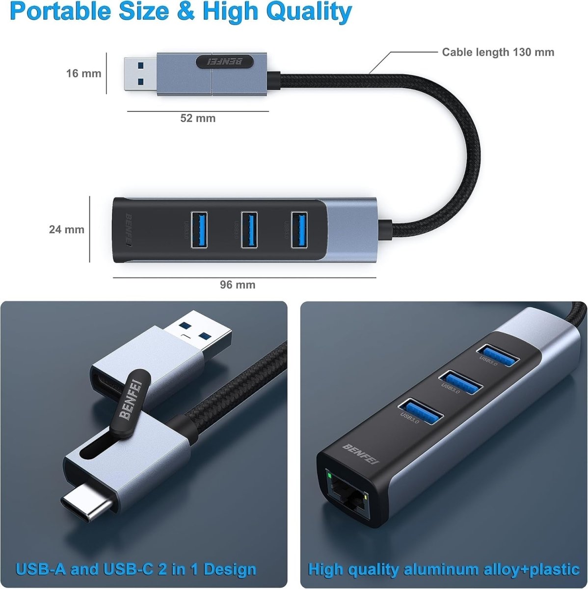 BENFEI 350GY 2 - in - 1 USB - C+USB 3.0 to RJ45 Gigabit Ethernet Port + 3 - Port USB 3.0 HUB