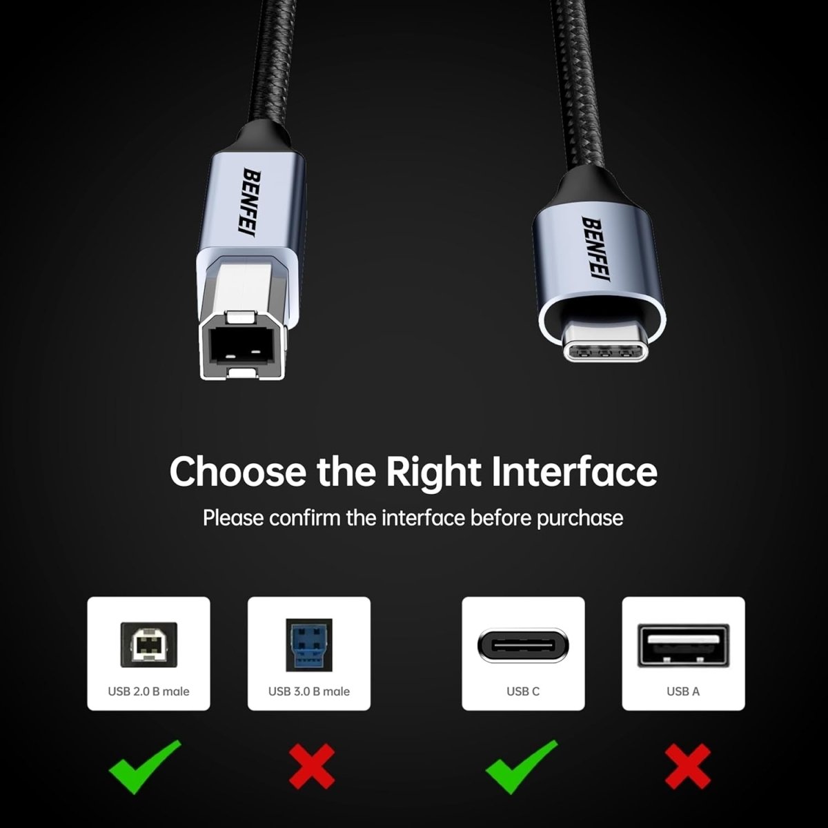 BENFEI 405GY - 1.5M USB B to USB C Printer Cable, Nylon Braided, Premium Aluminium Alloy Case 1.5M