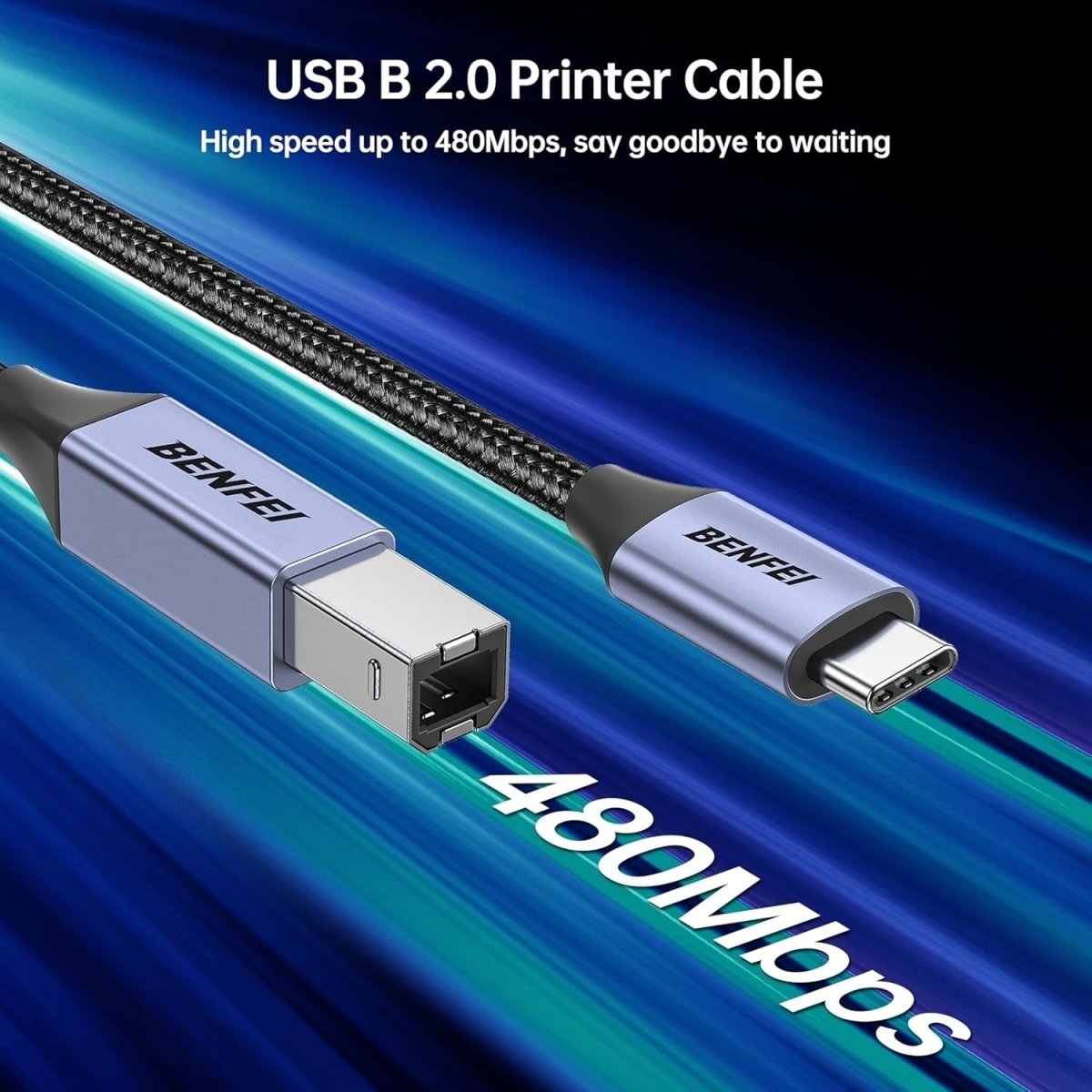 BENFEI 405GY - 3M USB B to USB C Printer Cable, Nylon Braided, Premium Aluminium Alloy Case 2M