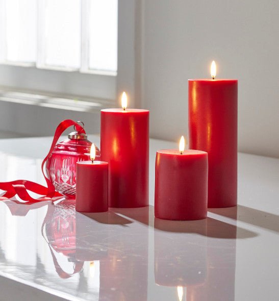 4 Pack Red Wax Pillar Advent Candles Xmas Wedding Party Table Room Centrepiece Decor Graduated sized 6 to 15cm High
