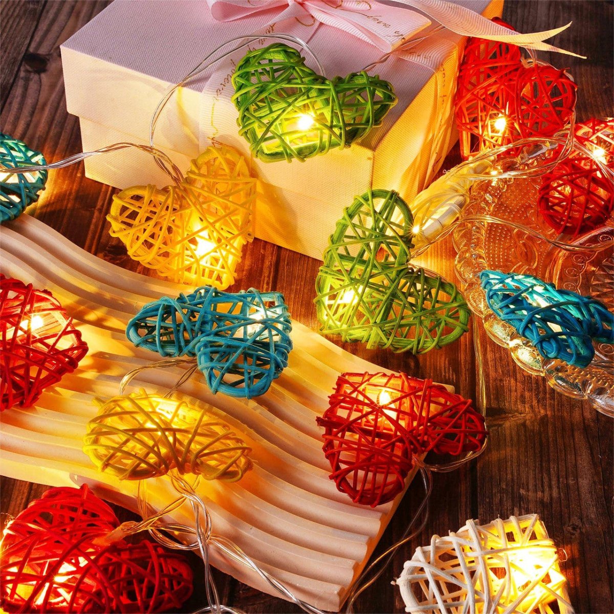 50 Rainbow 3D Hollowed Rattan Heart - Shaped 5M LONG String Fairy Lights, Battery (AA) Indoor & Outdoor Decorations Birthday Kids Celebration PartyRoom Table Lighting