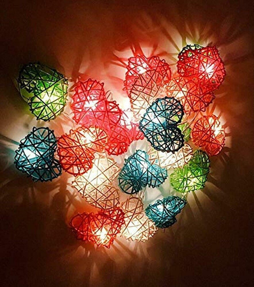 50 Rainbow 3D Hollowed Rattan Heart - Shaped 5M LONG String Fairy Lights, Battery (AA) Indoor & Outdoor Decorations Birthday Kids Celebration PartyRoom Table Lighting
