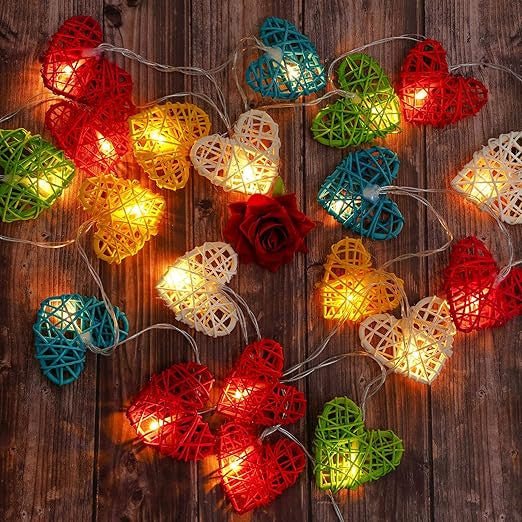 50 Rainbow 3D Hollowed Rattan Heart - Shaped 5M LONG String Fairy Lights, Battery (AA) Indoor & Outdoor Decorations Birthday Kids Celebration PartyRoom Table Lighting