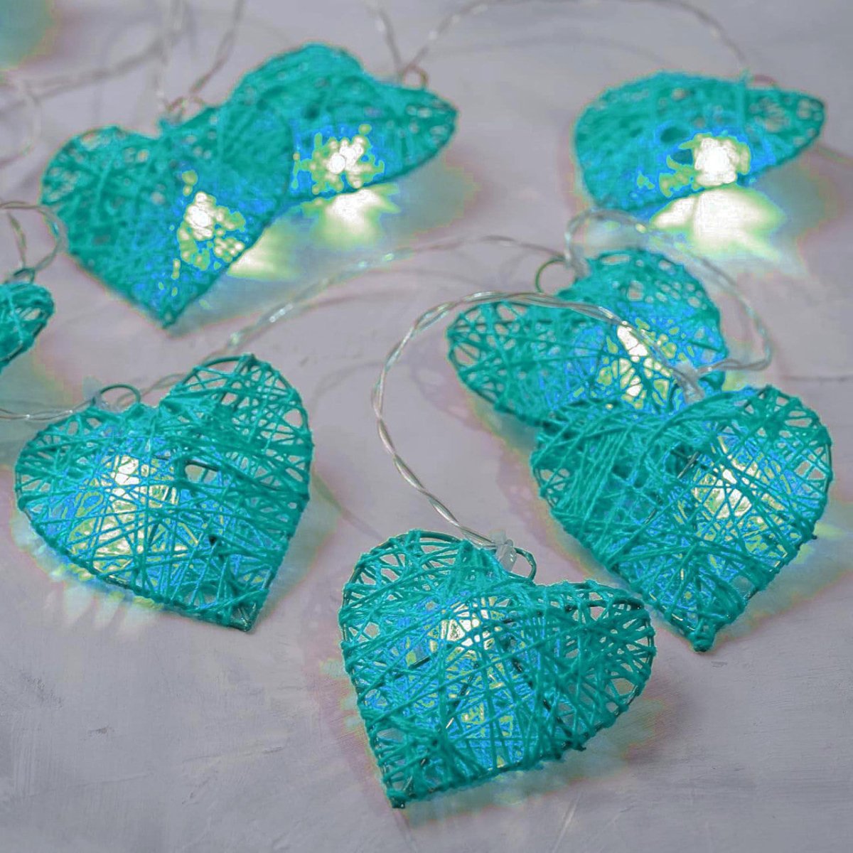50 Turquoise Blue 3D Hollowed Rattan Heart - Shaped 5M LONG String Fairy Lights, Battery (AA) Indoor & Outdoor Decorations Birthday Kids Celebration PartyRoom Table Lighting