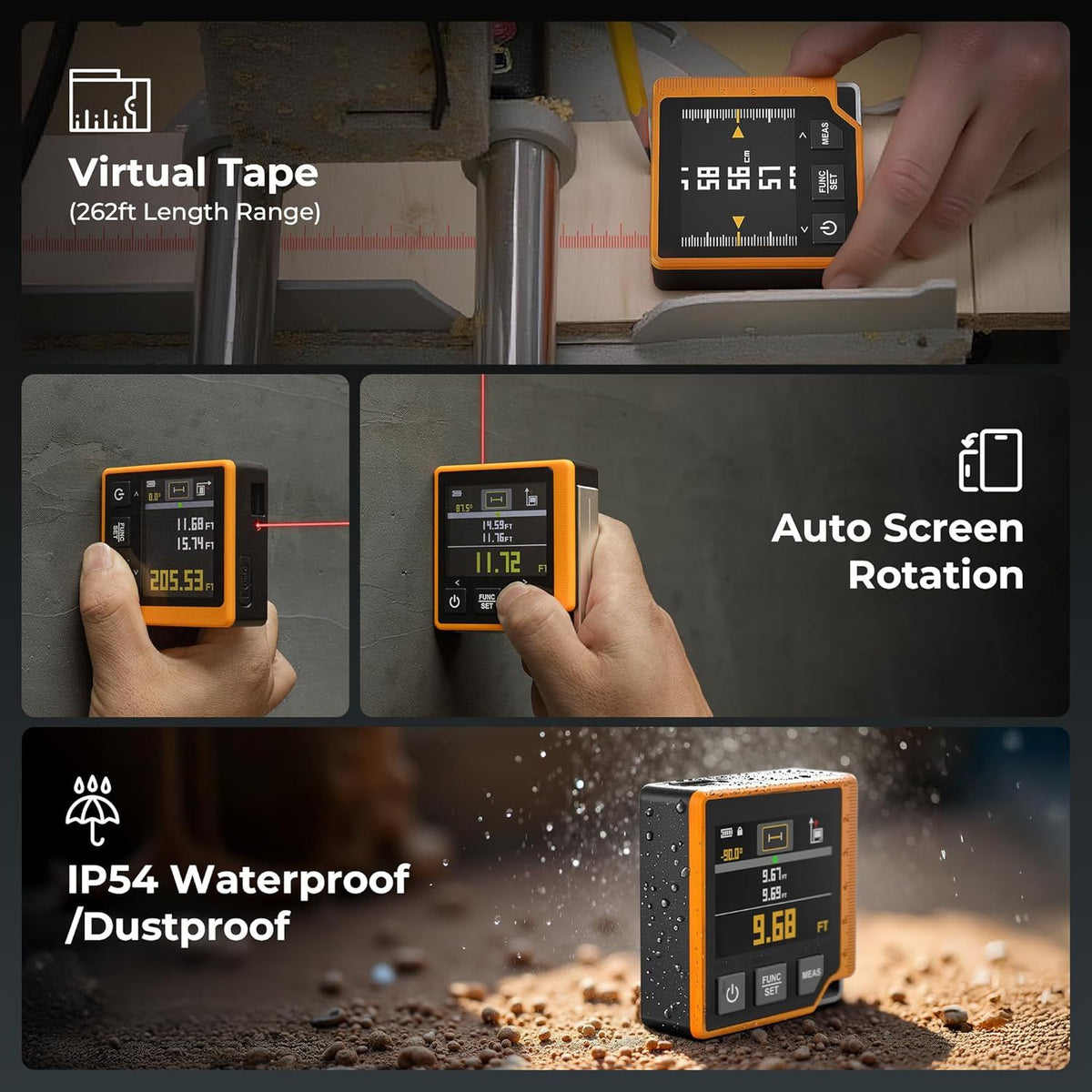 Laser Measuring Tool, 262ft Laser Measure with Digital Angle Finder & Level, Magnetic Rechargeable Laser Measurement Tool with 2.4'' Color Backlit Display, 6 Units, Length/Area/Volume/Pythagorean Mode