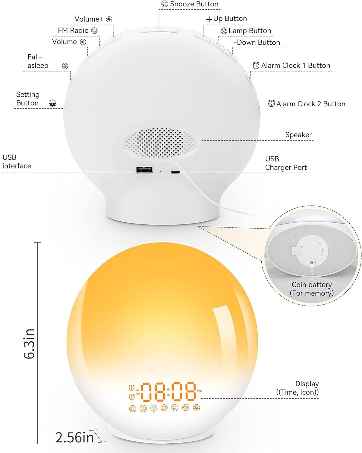 Sunrise Alarm Clock Wake Up Light 7 Sounds, Dual Alarms, Snooze, FM Radio - 9331816489514 Toy Chest Australia 9