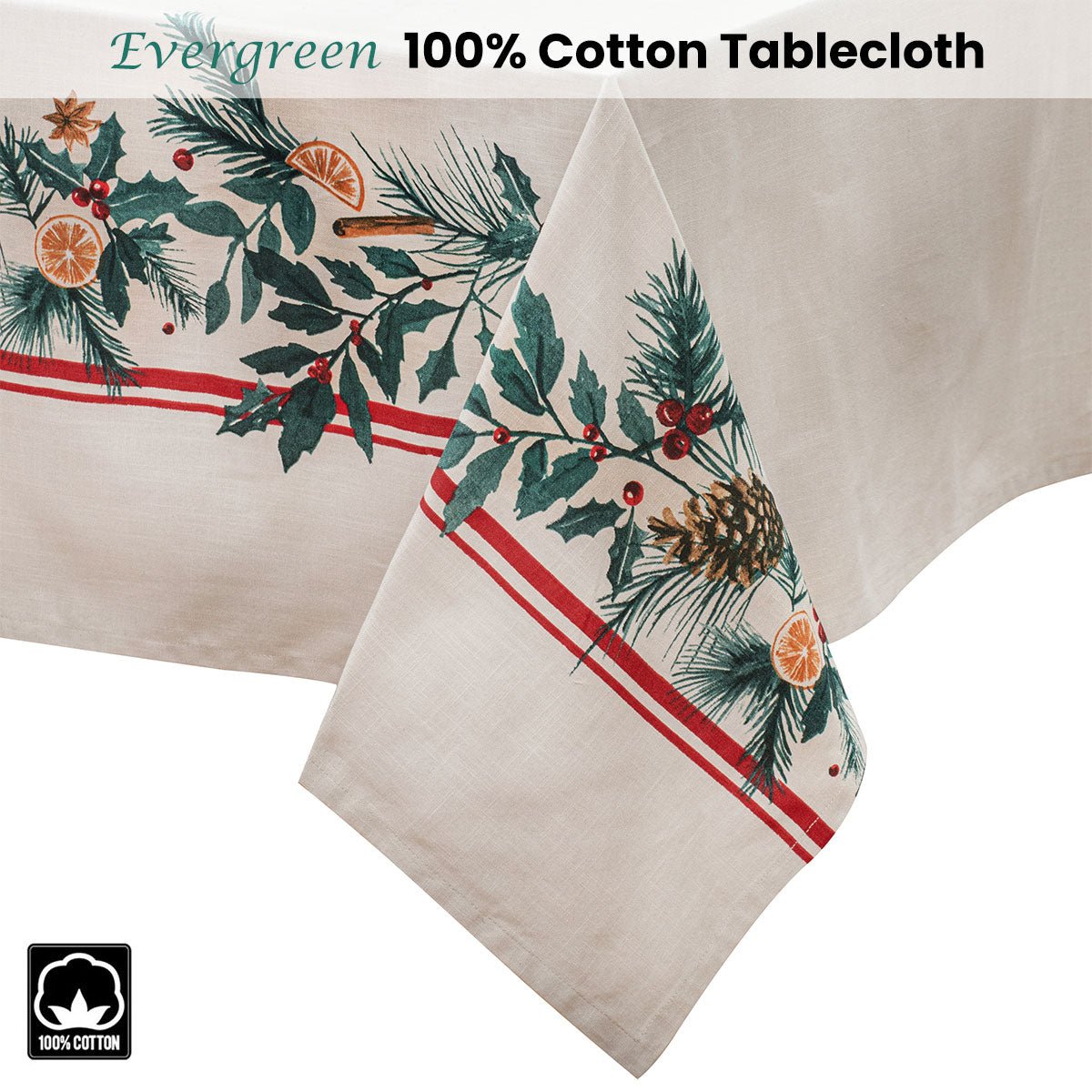 Ladelle 100% Cotton Evergreen Festive Christmas Holiday Tablecloth 150 x 300 cm