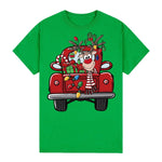 100% Cotton Christmas T-shirt Adult Unisex Tee Tops Funny Santa Party Custume, Car with Reindeer (Green), M