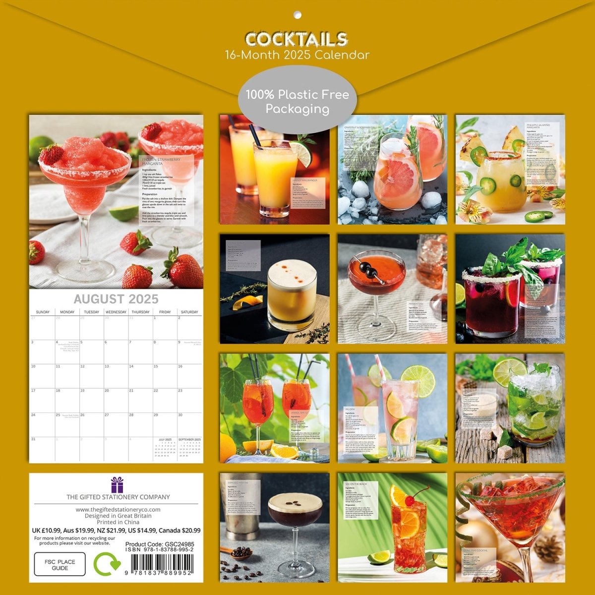 Cocktails 2025 Square Wall Calendar Food 16 - Month Christmas Premium Planner Gift