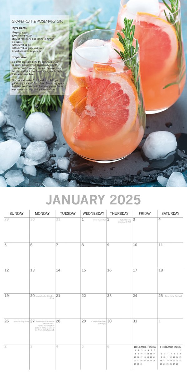 Cocktails 2025 Square Wall Calendar Food 16 - Month Christmas Premium Planner Gift