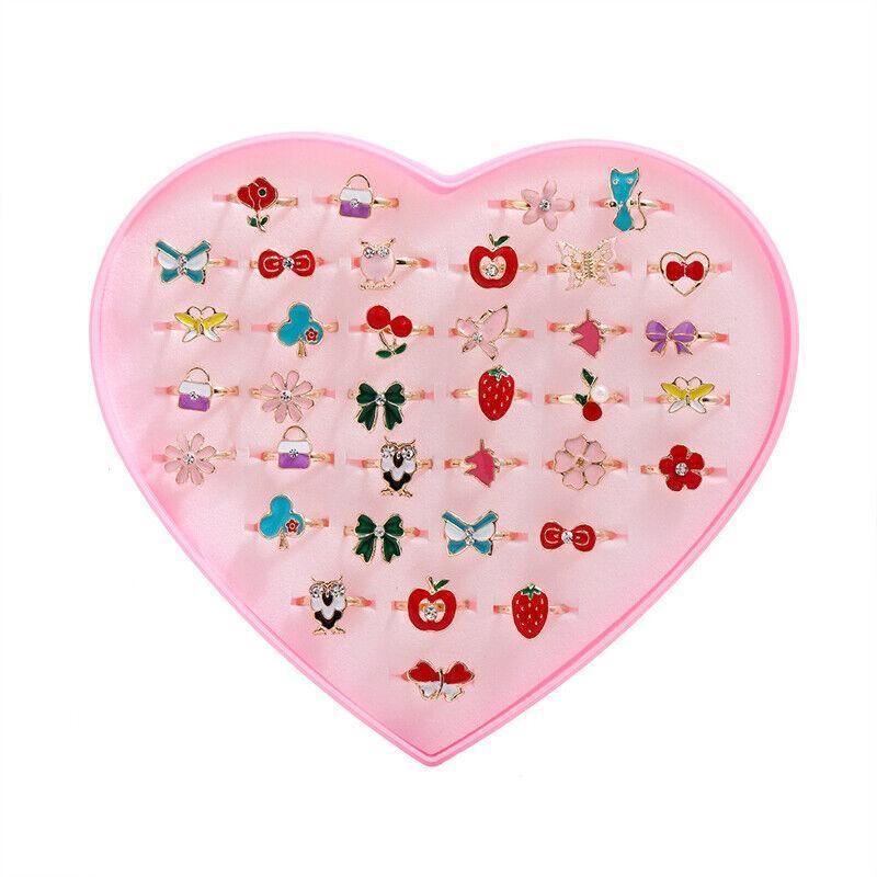 36PCS Adjustable Cute Cartoon Rings Set for Girls Gift in Heart Box
