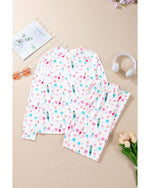 White Christmas Pattern Long Sleeve Top and Wide Leg Pants Set - L