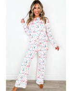 White Christmas Pattern Long Sleeve Top and Wide Leg Pants Set - XL