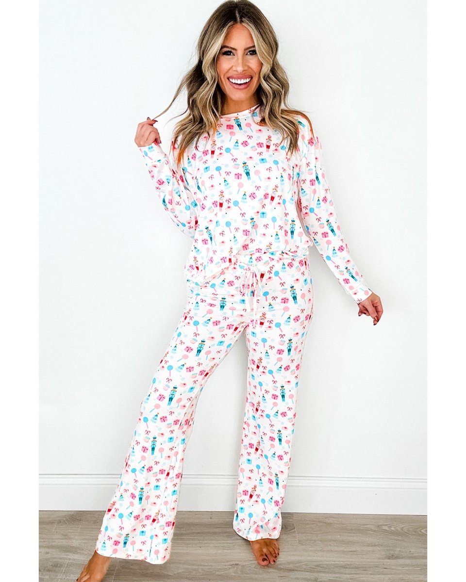 White Christmas Pattern Long Sleeve Top and Wide Leg Pants Set - XL