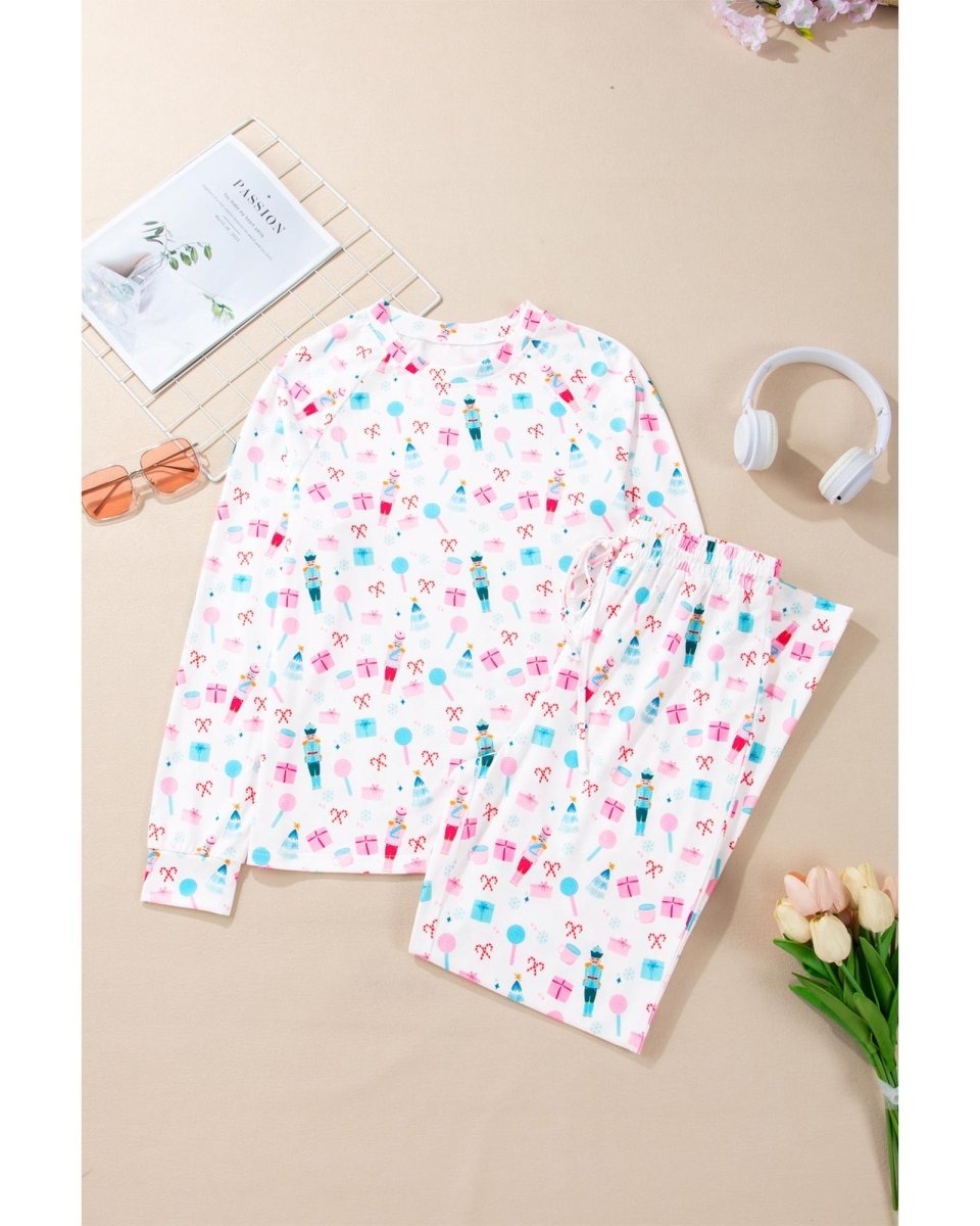 White Christmas Pattern Long Sleeve Top and Wide Leg Pants Set - XL