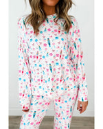 White Christmas Pattern Long Sleeve Top and Wide Leg Pants Set - XL