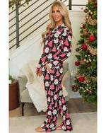 Black Christmas Santa Printed Two Piece Pajamas Set - L