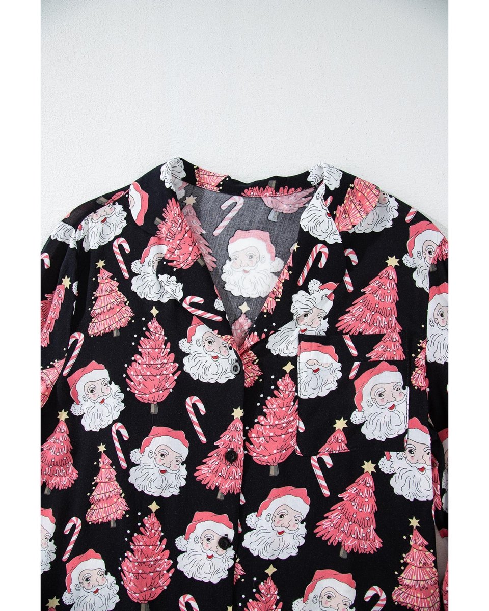 Black Christmas Santa Printed Two Piece Pajamas Set - S