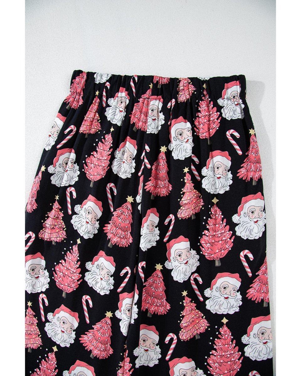 Black Christmas Santa Printed Two Piece Pajamas Set - S