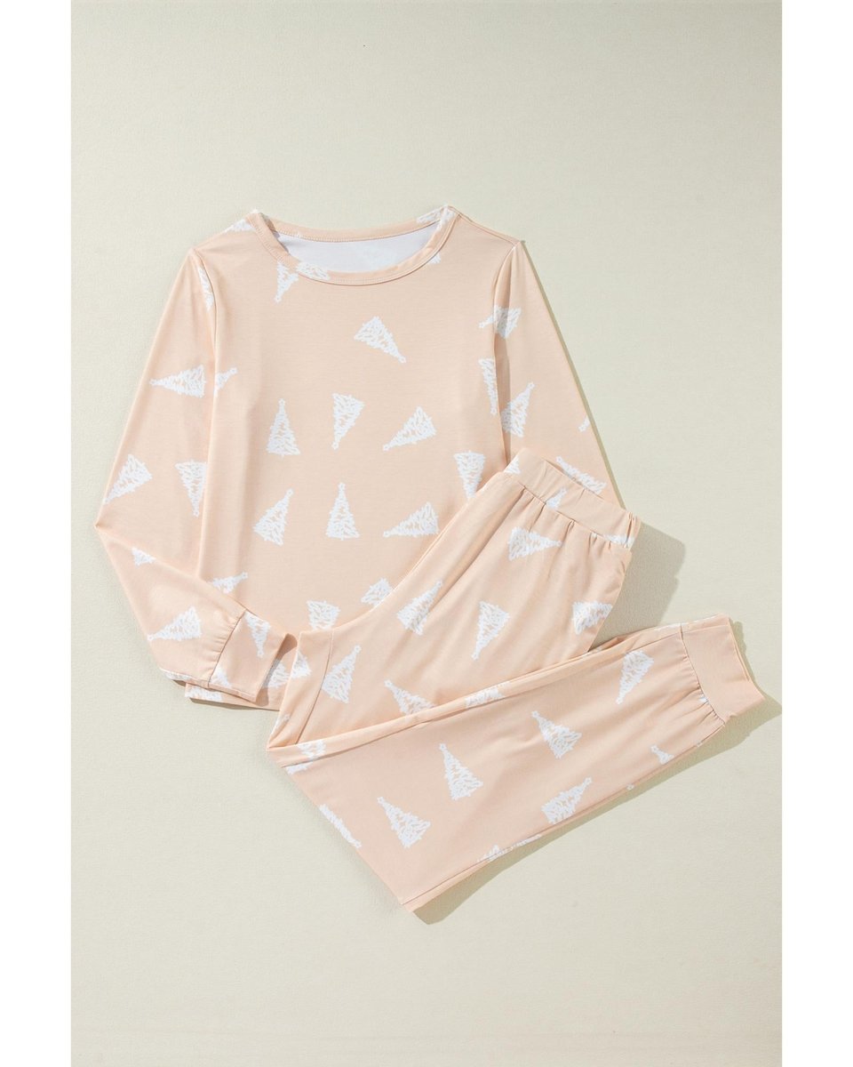 Apricot Christmas Tree Print Loose Fit Two Piece Pajama Set - XL