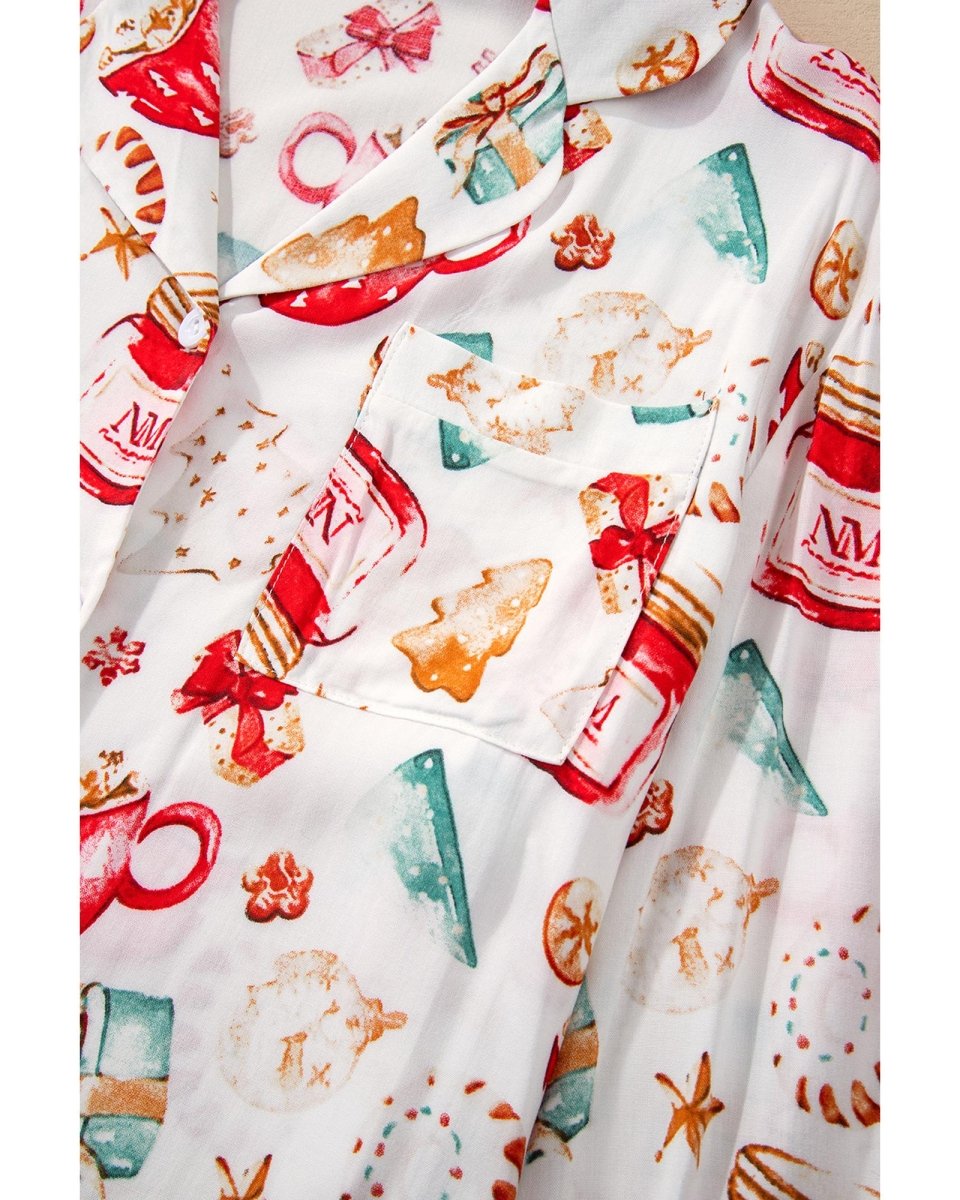 White Christmas Pattern Long Sleeve Shirt and Pants Pajama Set - XL