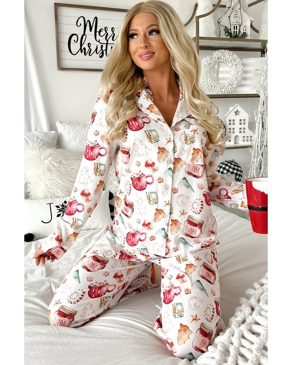 White Christmas Pattern Long Sleeve Shirt and Pants Pajama Set - XL