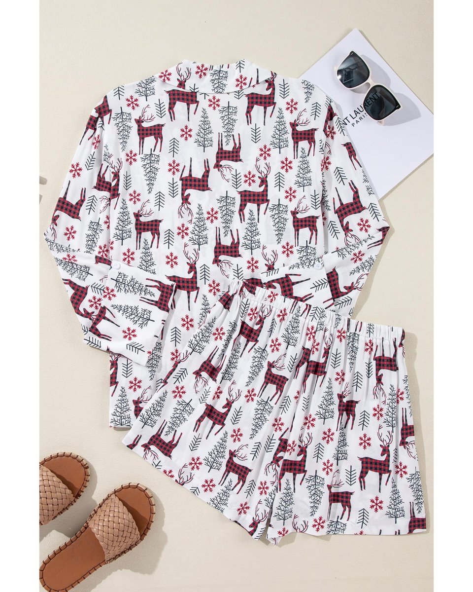 White Christmas Deer Printed Shirt and Shorts Lounge Set - S