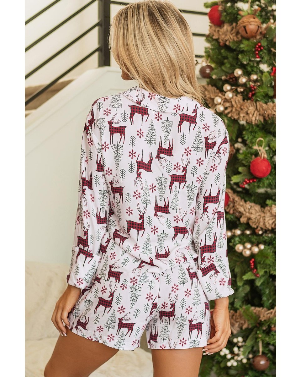 White Christmas Deer Printed Shirt and Shorts Lounge Set - XL