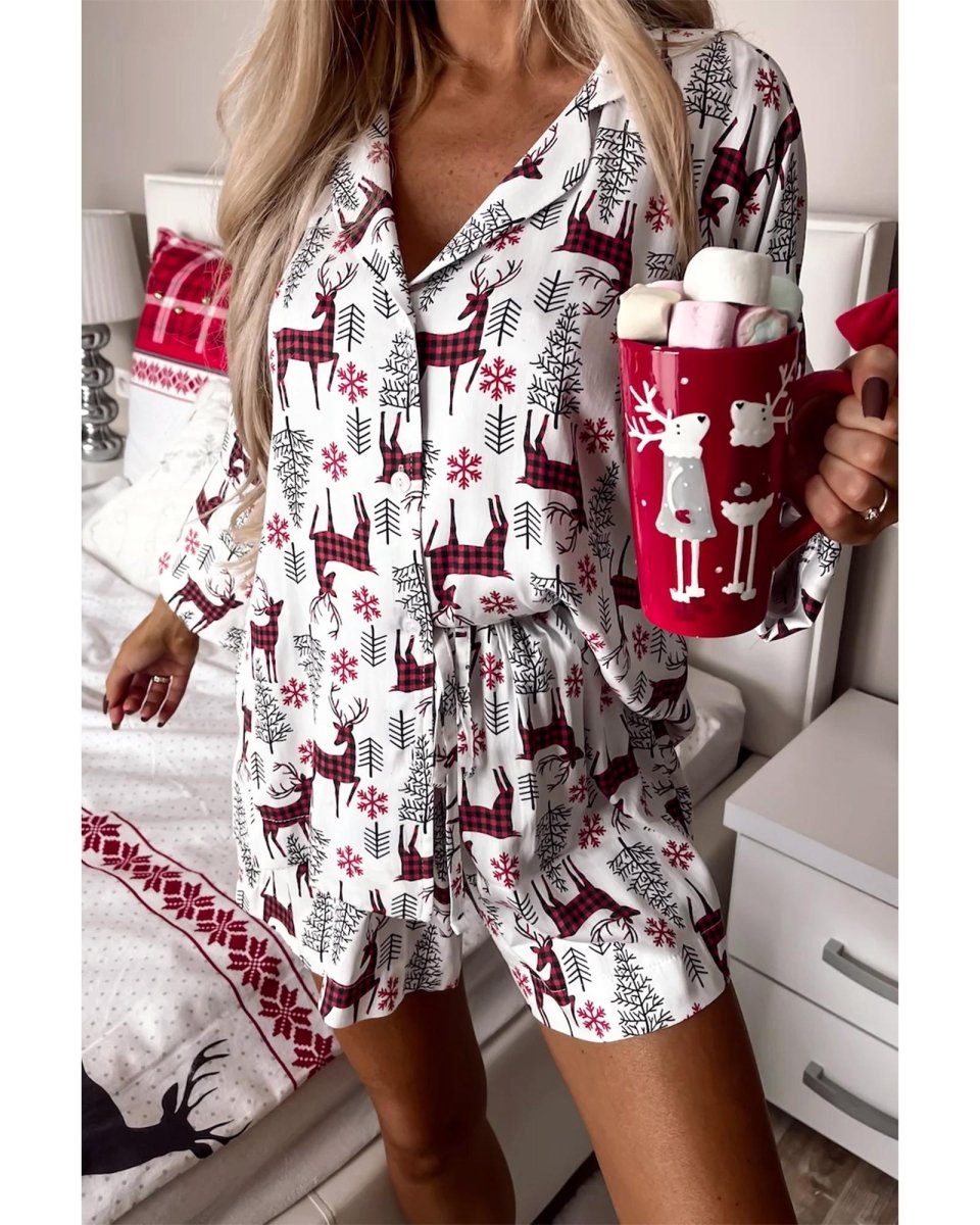White Christmas Deer Printed Shirt and Shorts Lounge Set - XL