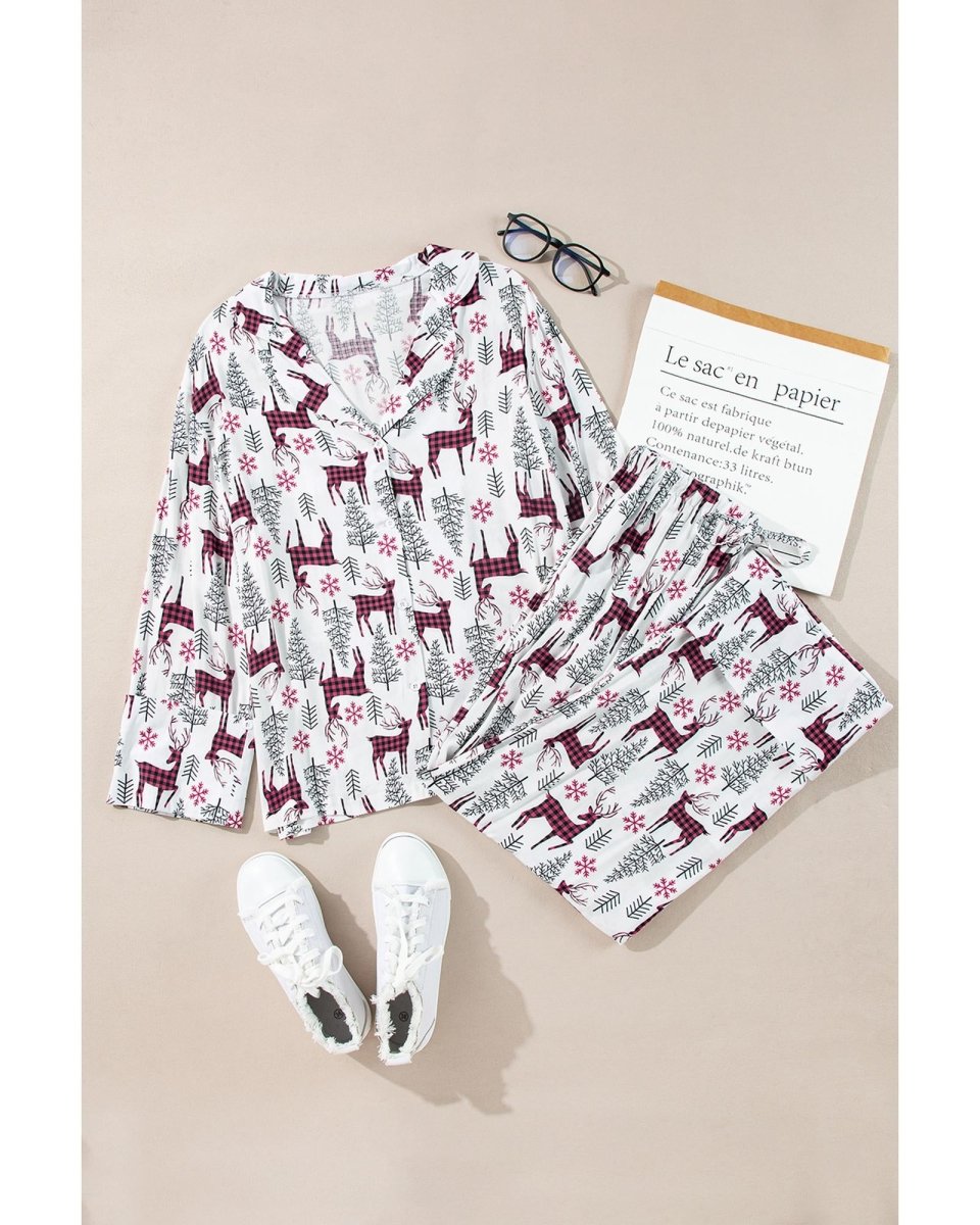 White Christmas Printed Shirt and Pants Pajama Set - S