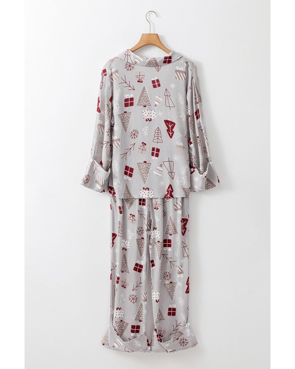 Light Grey Christmas Printed Shirt and Pants Pajama Set - M